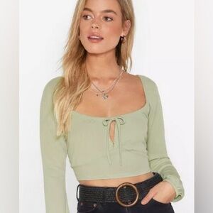 Nasty Gal Sweet On You Size 10 Long Sleeve Sage Crop Top